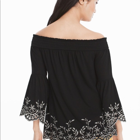 WHITE HOUSE BLACK MARKET Embroidered Off-The-Shoulder Contrast Trim Top L - Picture 2 of 3